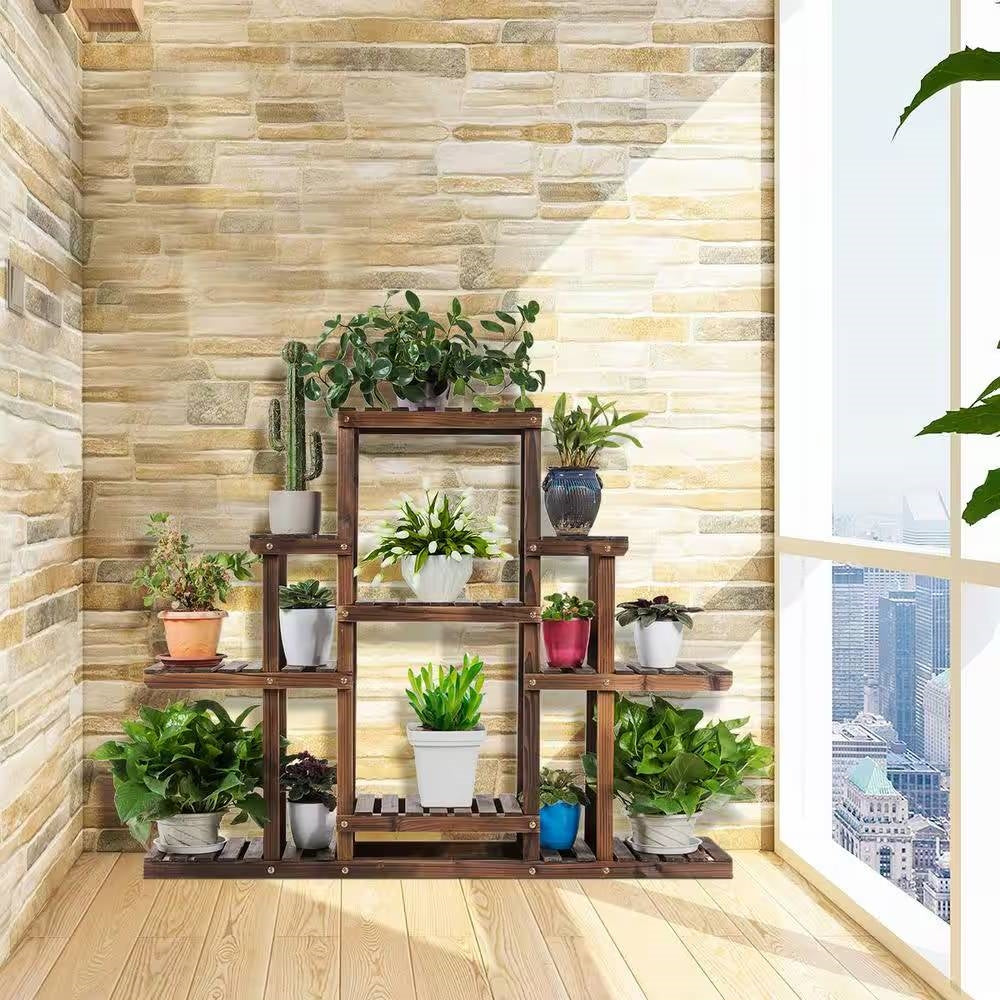 Modern Farmhouse 6-tier Wooden Bookcase Plant Stand Shelving Unit displayed with plants by a window