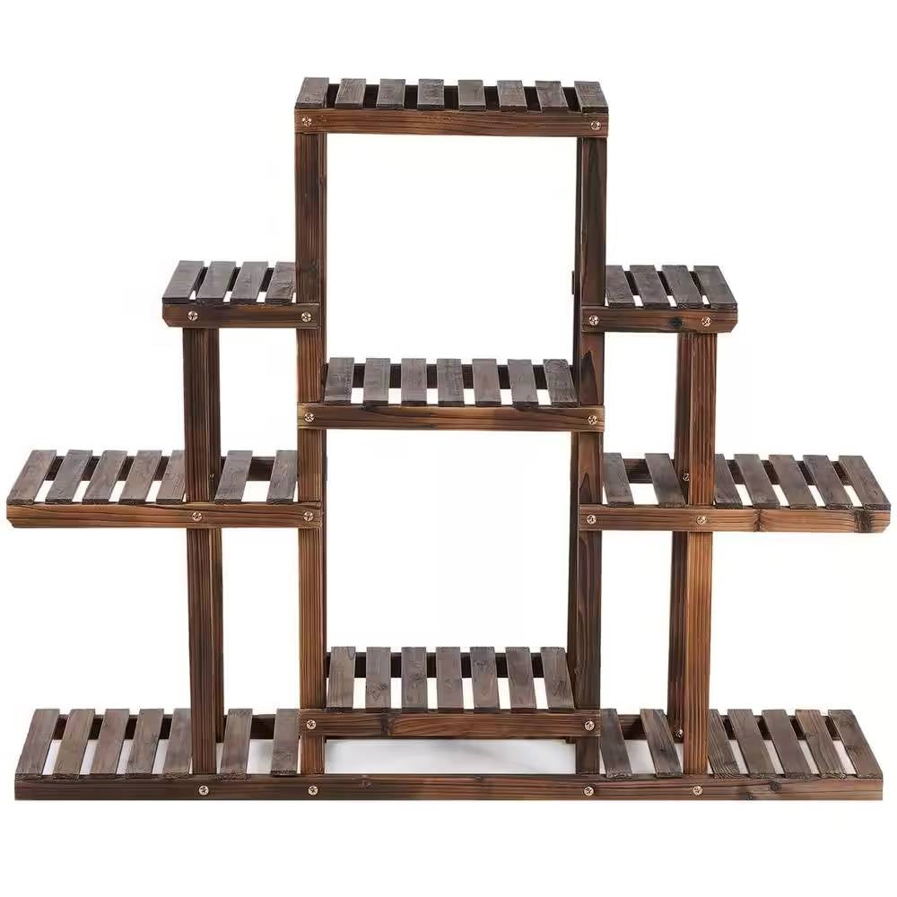 Modern Farmhouse 6-tier Wooden Bookcase Plant Stand Shelving Unit with carbonized surface and eco-friendly solid wood design.
