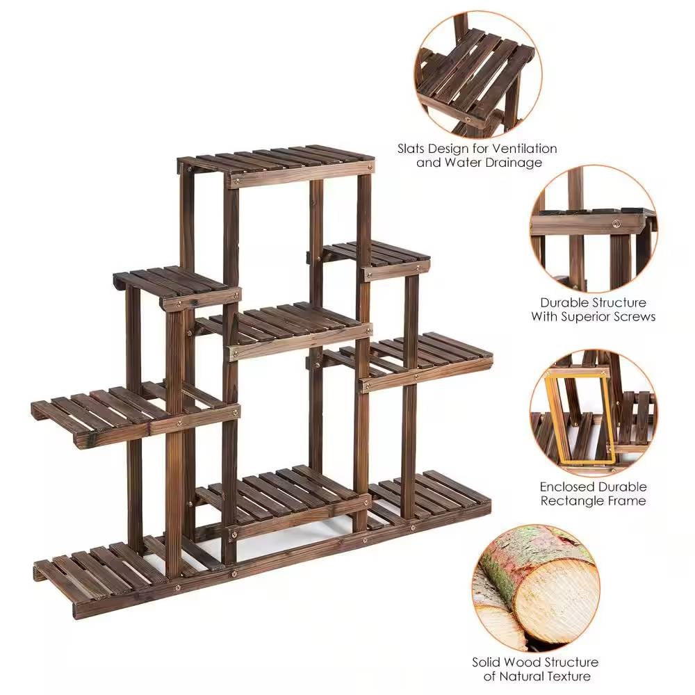 Modern Farmhouse 6-tier Wooden Bookcase Plant Stand Shelving Unit displayed with features and solid wood structure.