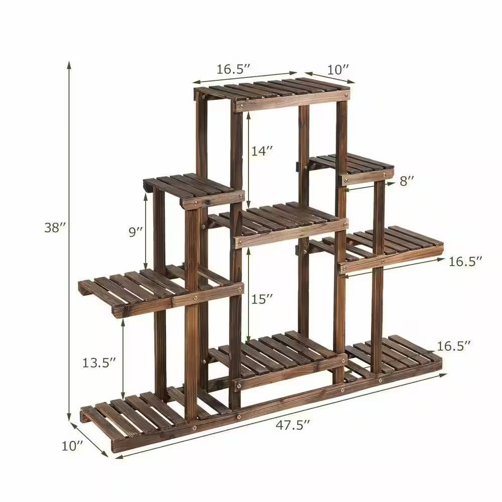 Modern Farmhouse 6-tier Wooden Bookcase Plant Stand Shelving Unit with solid wood construction and carbonized surface.