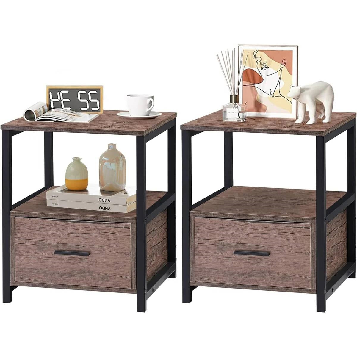 Set of 2 - Modern Metal Wood Side End Table Nightstand with Storage Drawer in a room setting