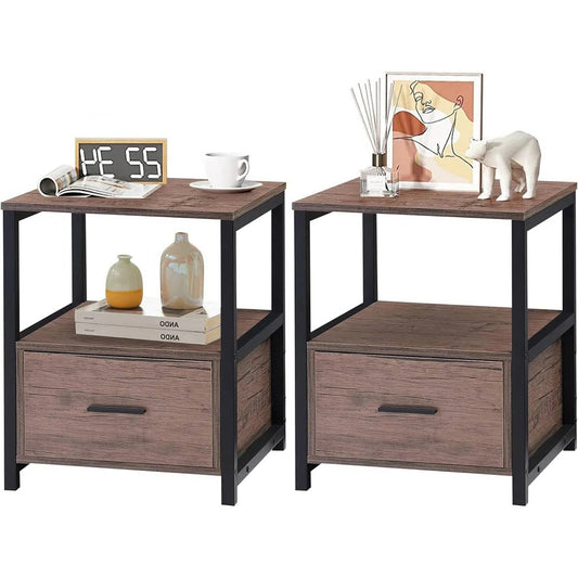 Set of 2 - Modern Metal Wood Side End Table Nightstand with Storage Drawer in a room setting