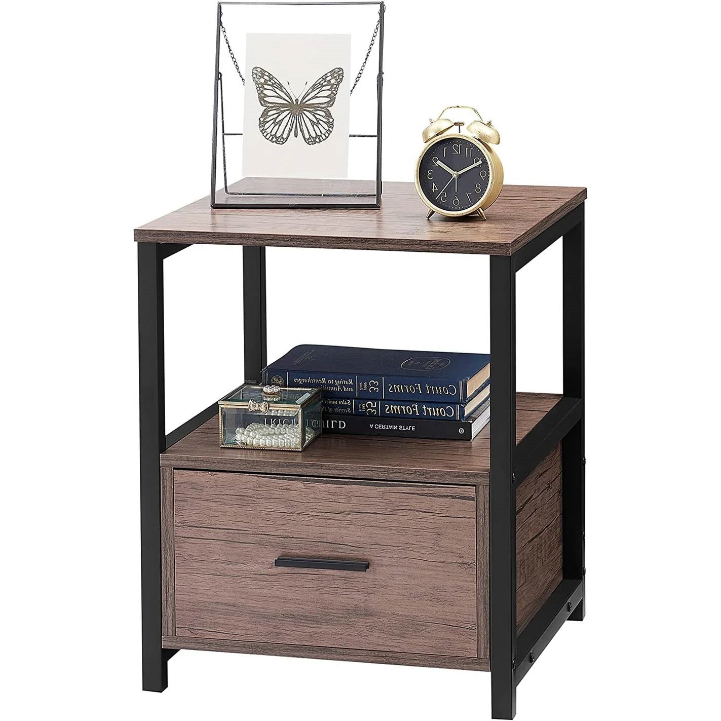 Set of 2 - Modern Metal Wood Side End Table Nightstand with Storage Drawer, featuring solid frame and 2-tier shelf for durability.
