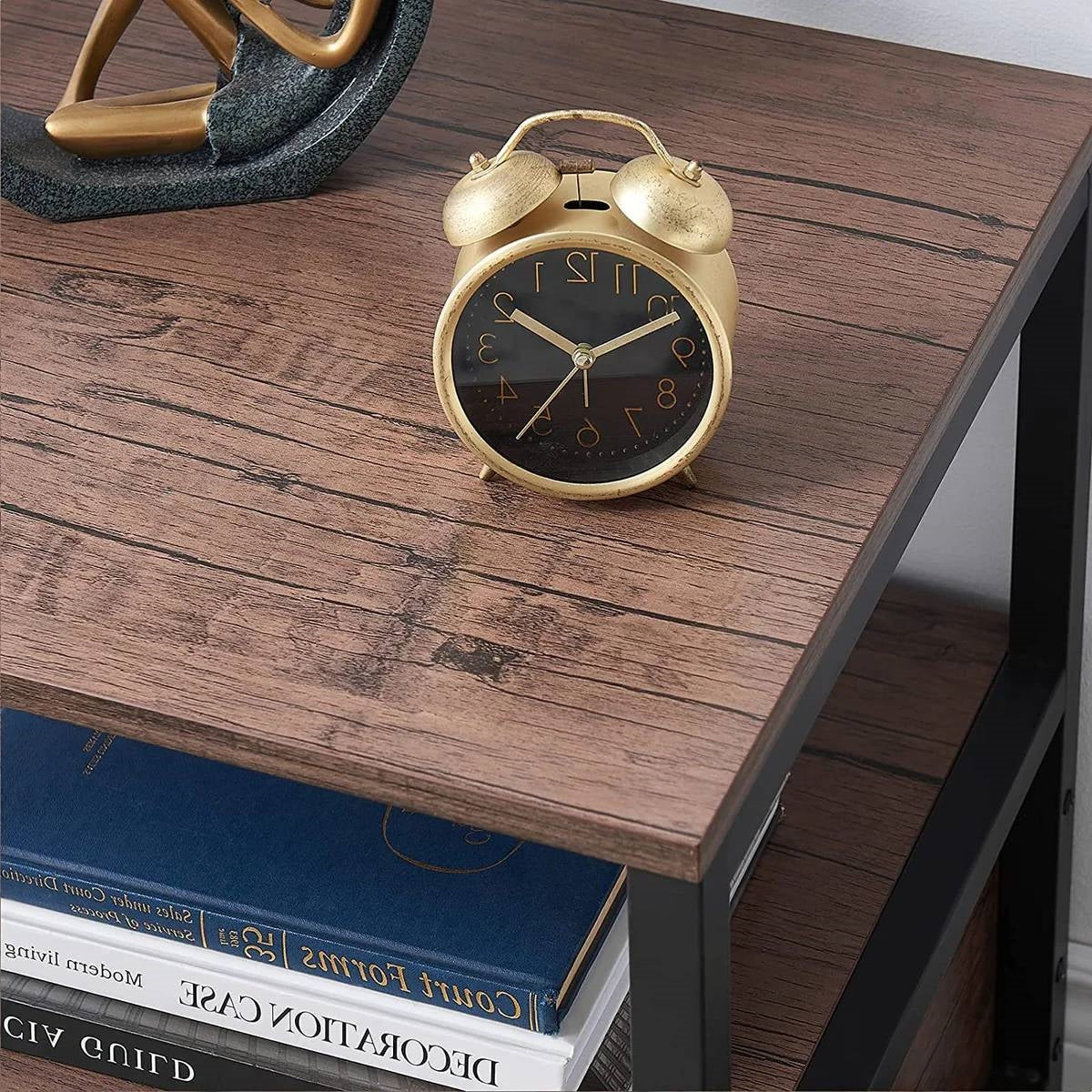 Set of 2 - Modern Metal Wood Side End Table Nightstand with Storage Drawer featuring a decorative clock and books on top.