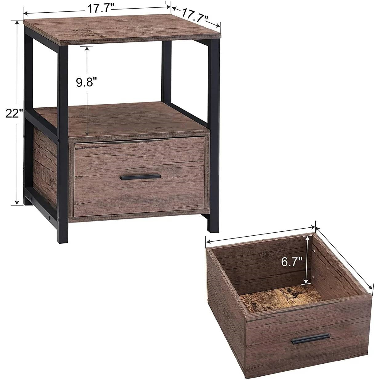 Set of 2 - Modern Metal Wood Side End Table Nightstand with Storage Drawer, dimensions highlighted