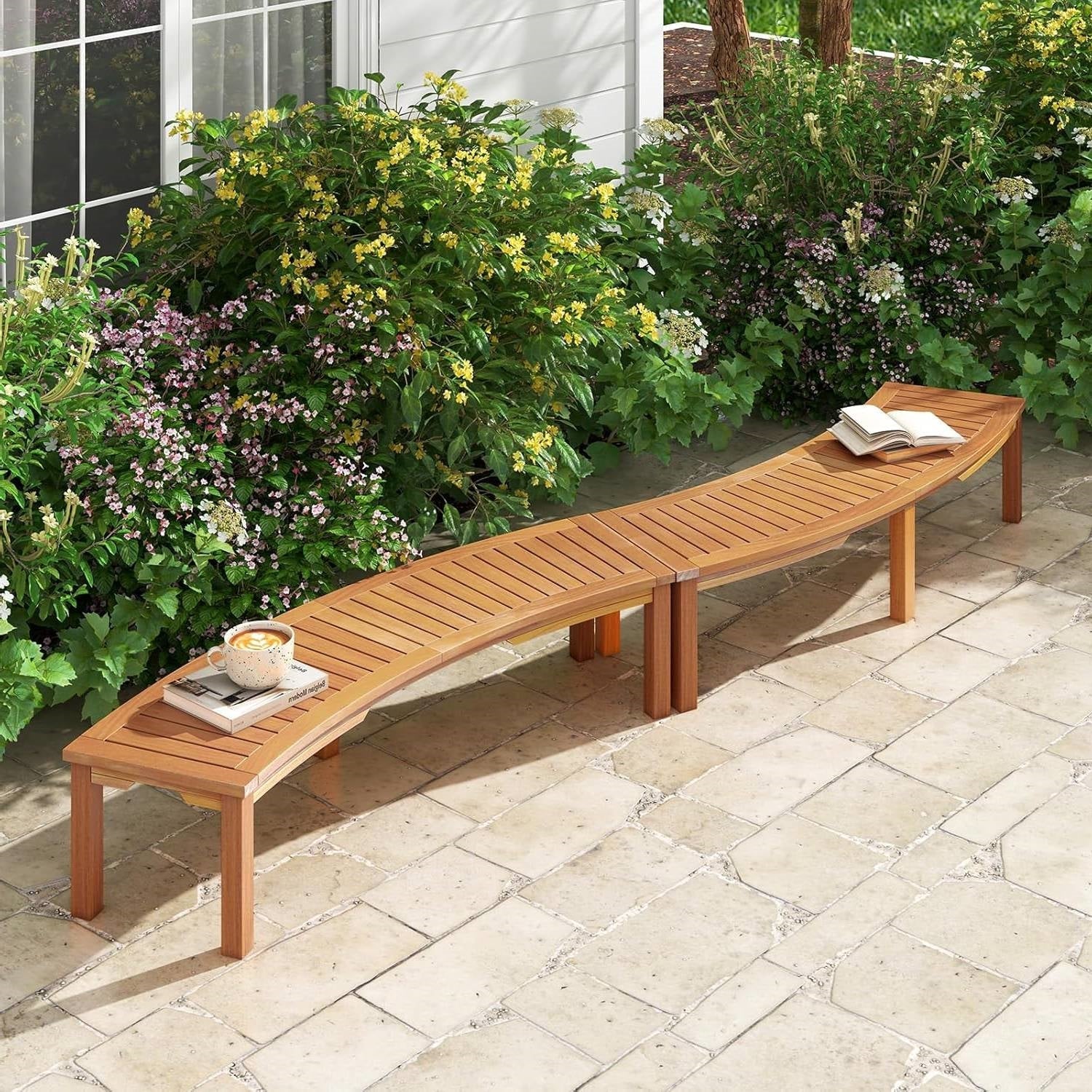 Set of 2 - Outdoor Backless Wooden Garden Bench with Modern Arch Design on patio.