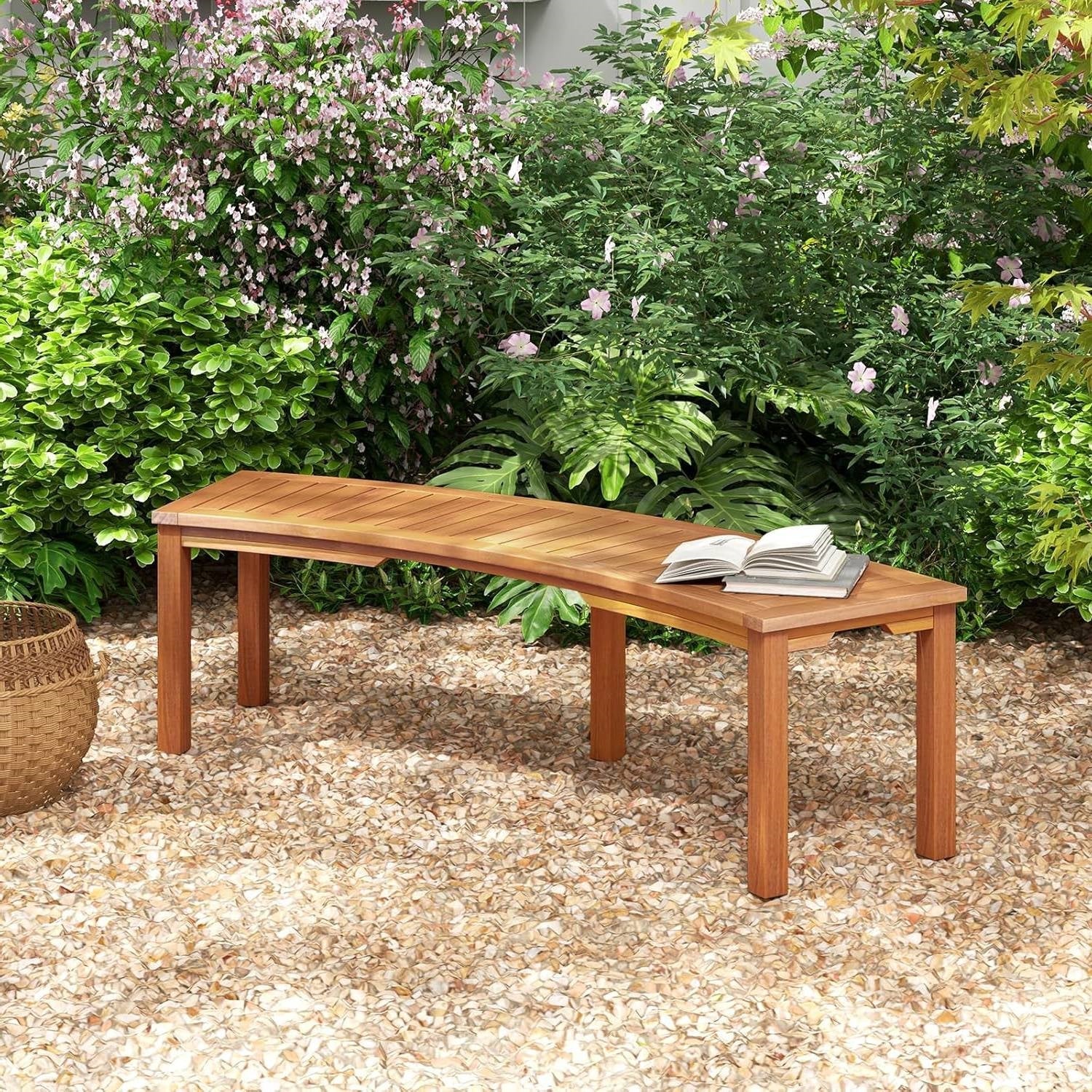 Set of 2 - Outdoor Backless Wooden Garden Bench with Modern Arch Design in a lush garden setting