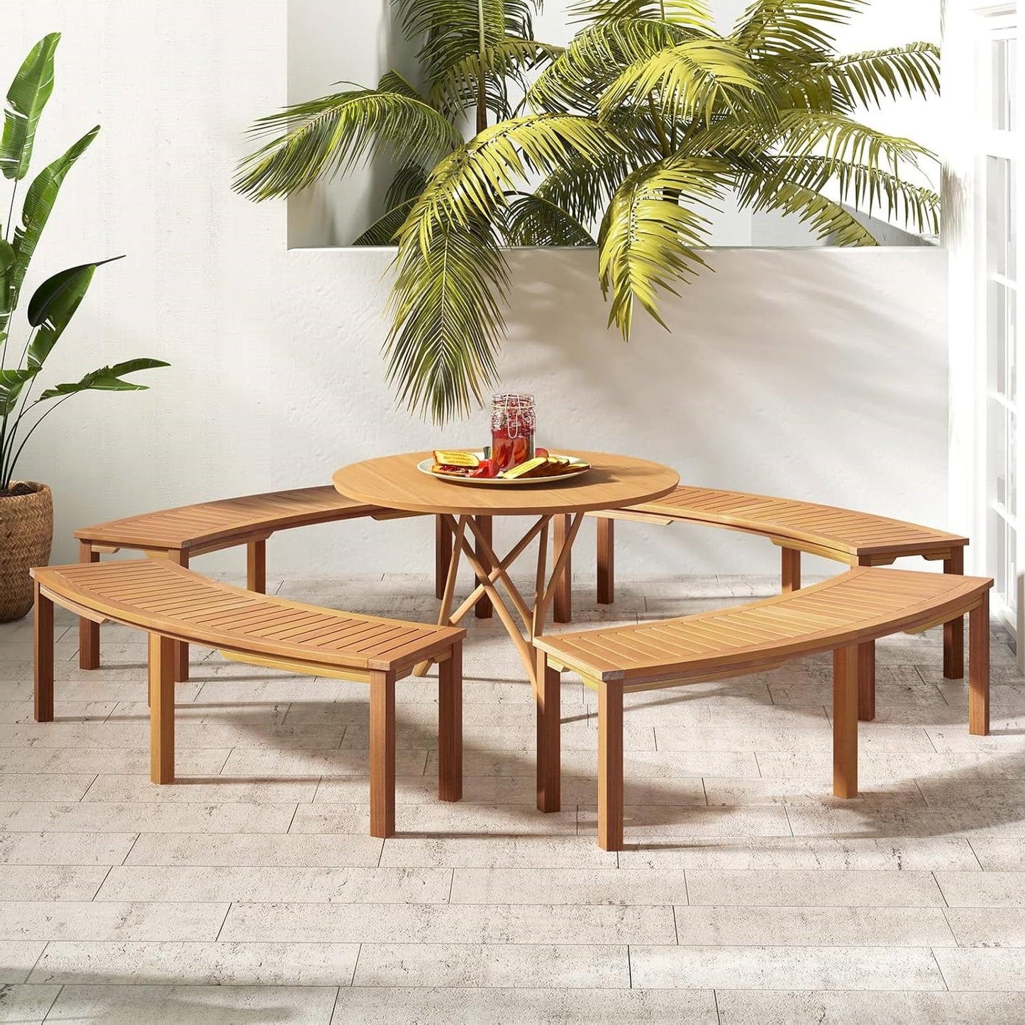 Set of 2 - Outdoor Backless Wooden Garden Bench with Modern Arch Design surrounding a round wooden table.