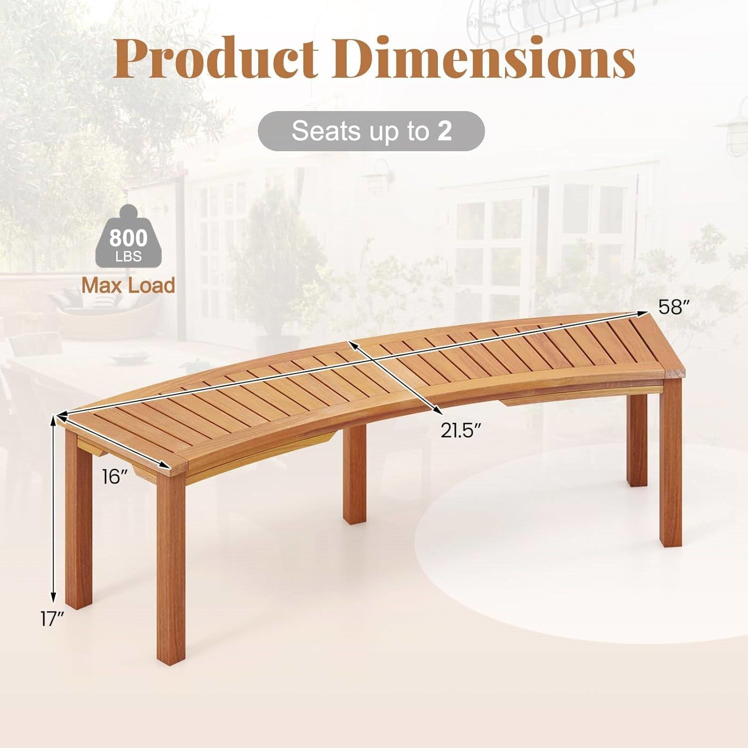 Set of 2 - Outdoor Backless Wooden Garden Bench with Modern Arch Design, wooden bench dimensions, seats up to 2, 800 lbs max load