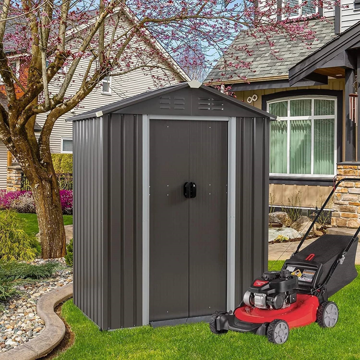 5 x 3 ft. Outdoor Grey Metal Garden Storage Shed with lockable door and sloped roof for durability and weather-resistance