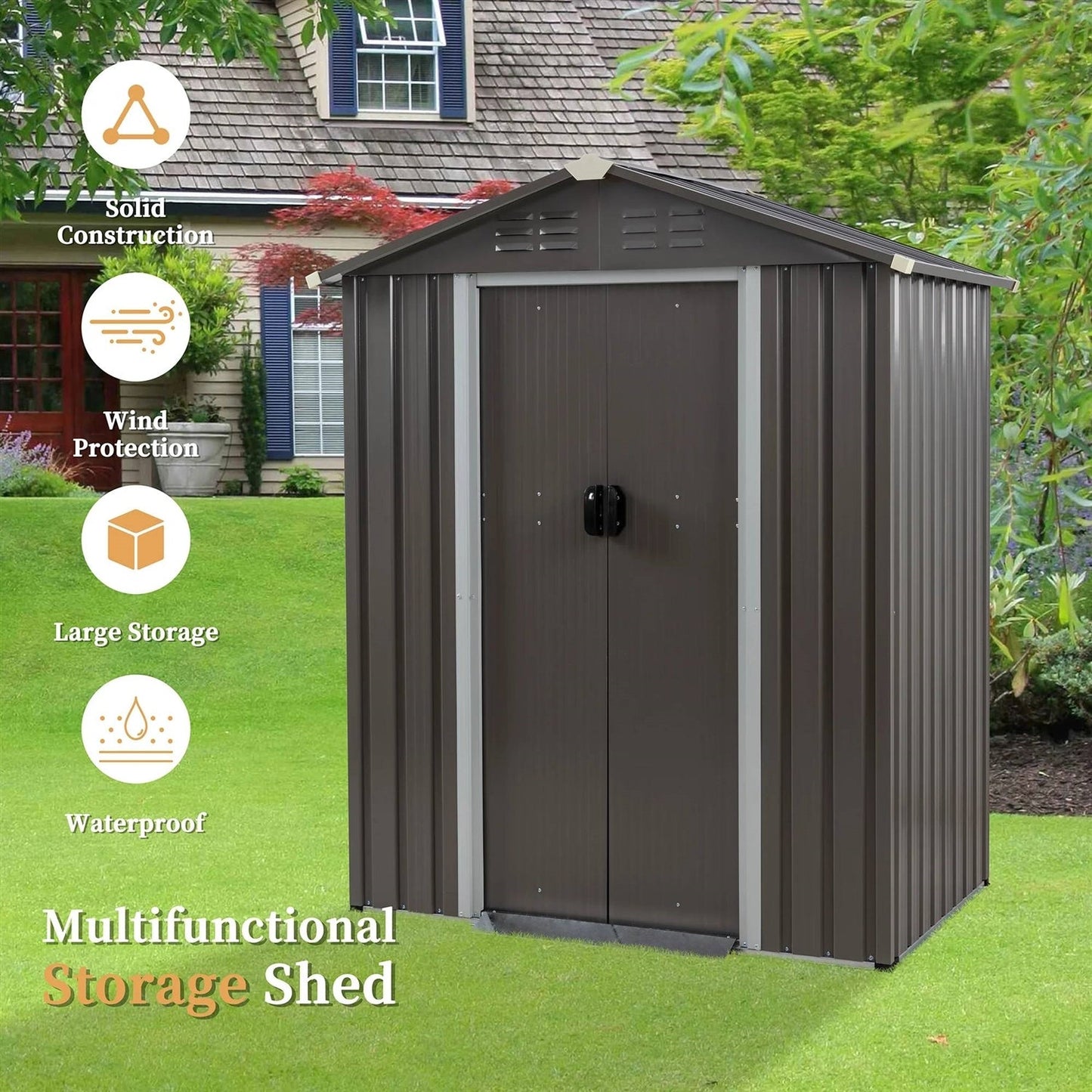 5 x 3 ft. Outdoor Grey Metal Garden Storage Shed with lockable door, solid construction, and waterproof design in a garden setting