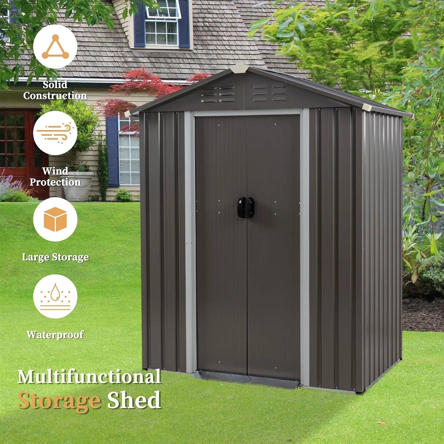 5 x 3 ft. Outdoor Grey Metal Garden Storage Shed with lockable door, solid construction, and waterproof design in a garden setting