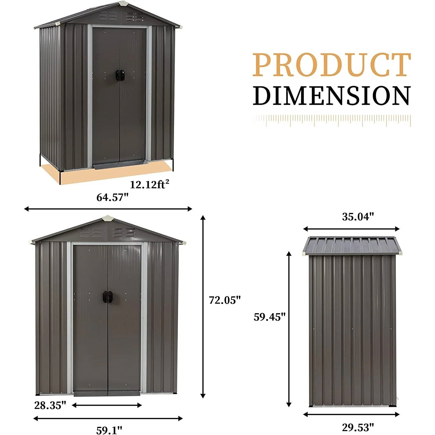 Dimensions view of 5 x 3 ft. Outdoor Grey Metal Garden Storage Shed with lockable door and sloped roof.