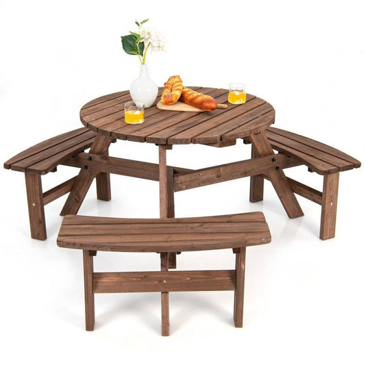 Solid Cedar Wood Outdoor Picnic Table with 3 Benches Patio Garden Dining Set featuring round table and benches with drinks and pastries.