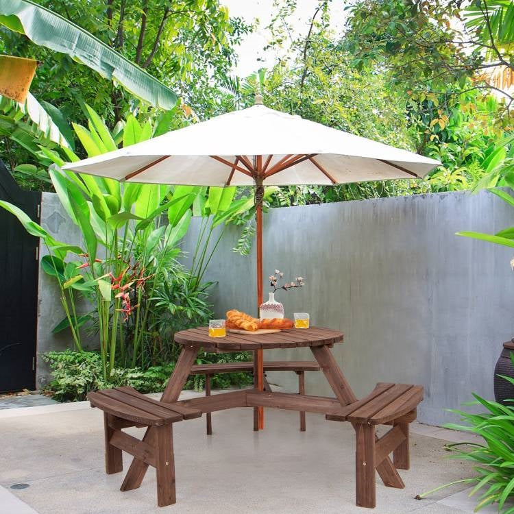 Solid Cedar Wood Outdoor Picnic Table with 3 Benches Patio Garden Dining Set under umbrella in lush garden