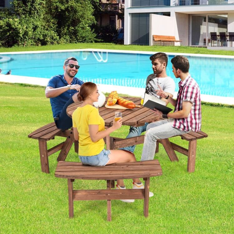 Solid Cedar Wood Outdoor Picnic Table with 3 Benches Patio Garden Dining Set by a pool with people enjoying a meal.