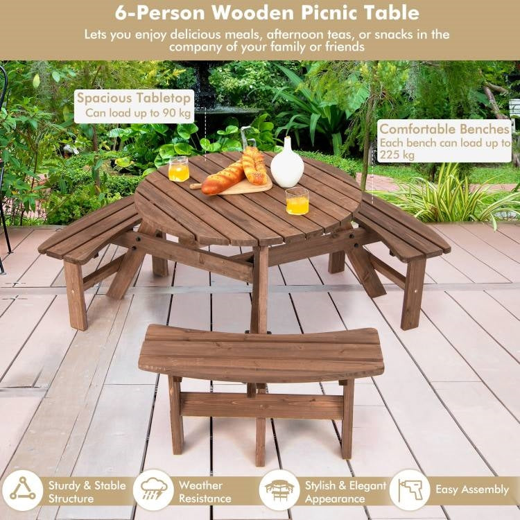 Solid Cedar Wood Outdoor Picnic Table with 3 Benches Patio Garden Dining Set on a deck with drinks and fruits displayed.