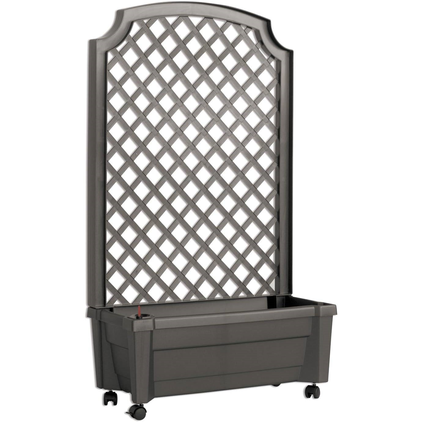 Outdoor Self-Watering Garden Planter with Trellis and Wheels in Grey Plastic providing style and support for climbing plants.
