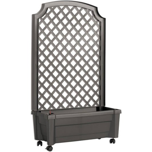Outdoor Self-Watering Garden Planter with Trellis and Wheels in Grey Plastic providing style and support for climbing plants.