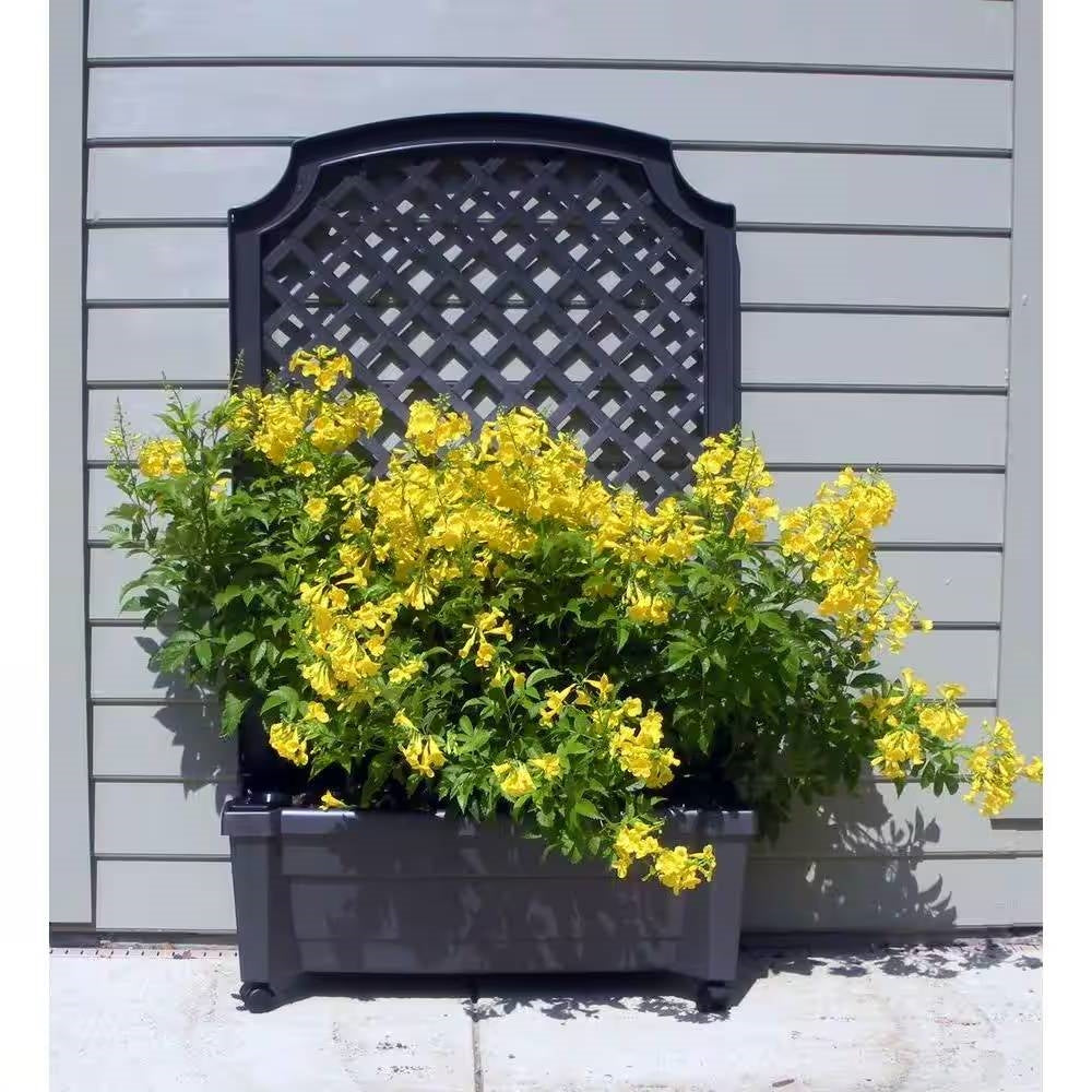 Outdoor Self-Watering Garden Planter with Trellis and Wheels in Grey Plastic showcasing vibrant yellow flowers.