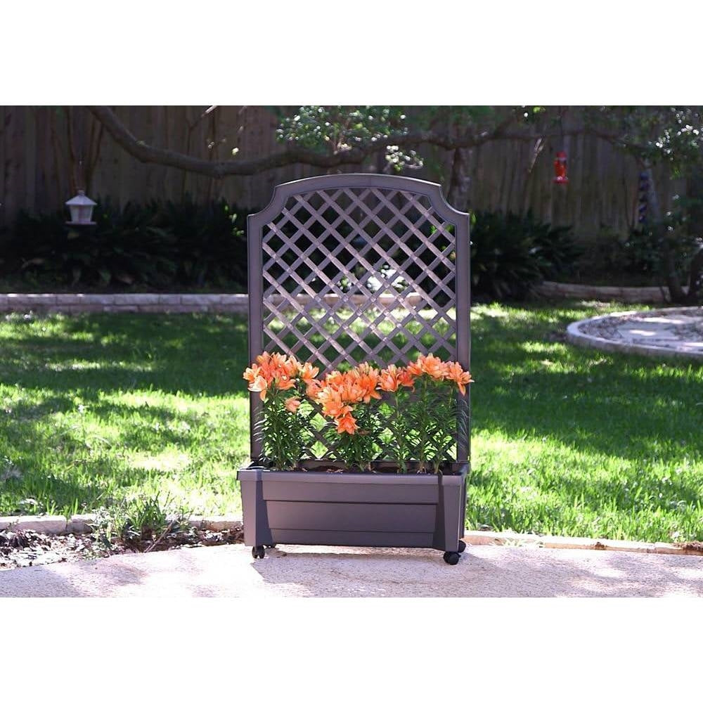 Outdoor Self-Watering Garden Planter with Trellis and Wheels in Grey Plastic on patio