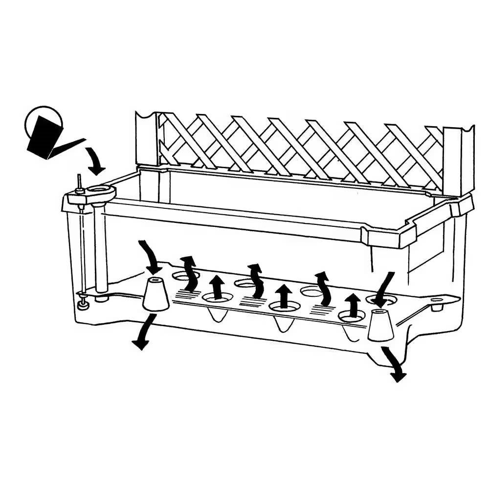 Illustration of Outdoor Self-Watering Garden Planter with Trellis and Wheels in Grey Plastic, showing water flow and trellis design.