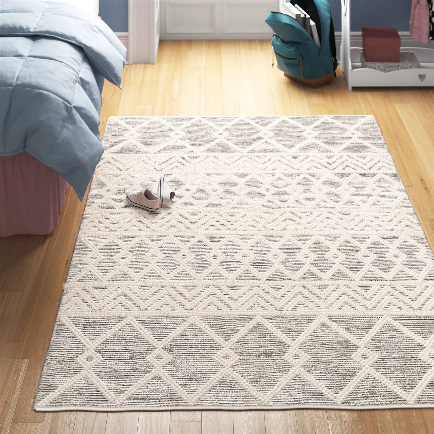6-ft. x 9-ft. Hand Woven Wool Blend Grey Beige Ivory Persian Style Area Rug in a cozy bedroom setting