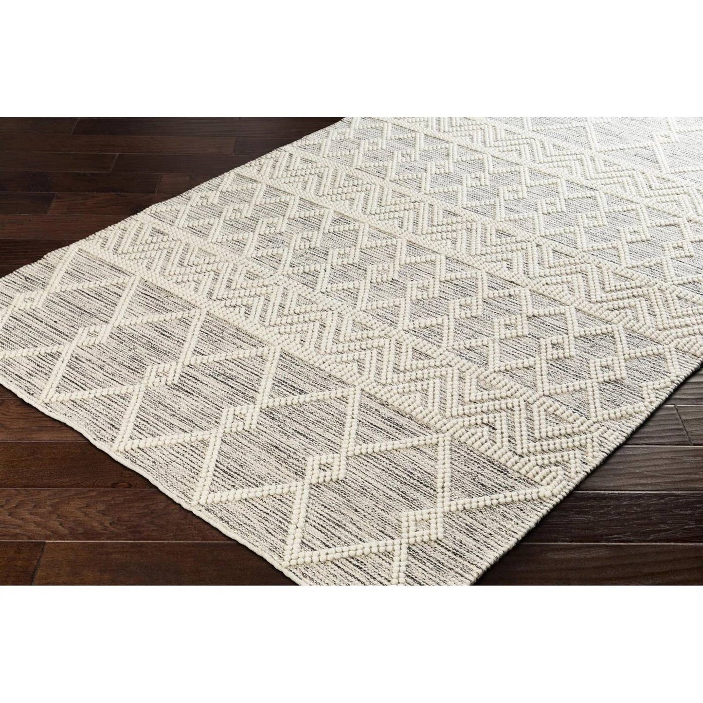 6-ft. x 9-ft. Hand Woven Wool Blend Grey Beige Ivory Persian Style Area Rug with geometric cream patterns, on wooden floor