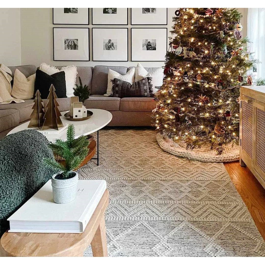 6-ft. x 9-ft. Hand Woven Wool Blend Grey Beige Ivory Persian Style Area Rug in cozy living room with Christmas decor