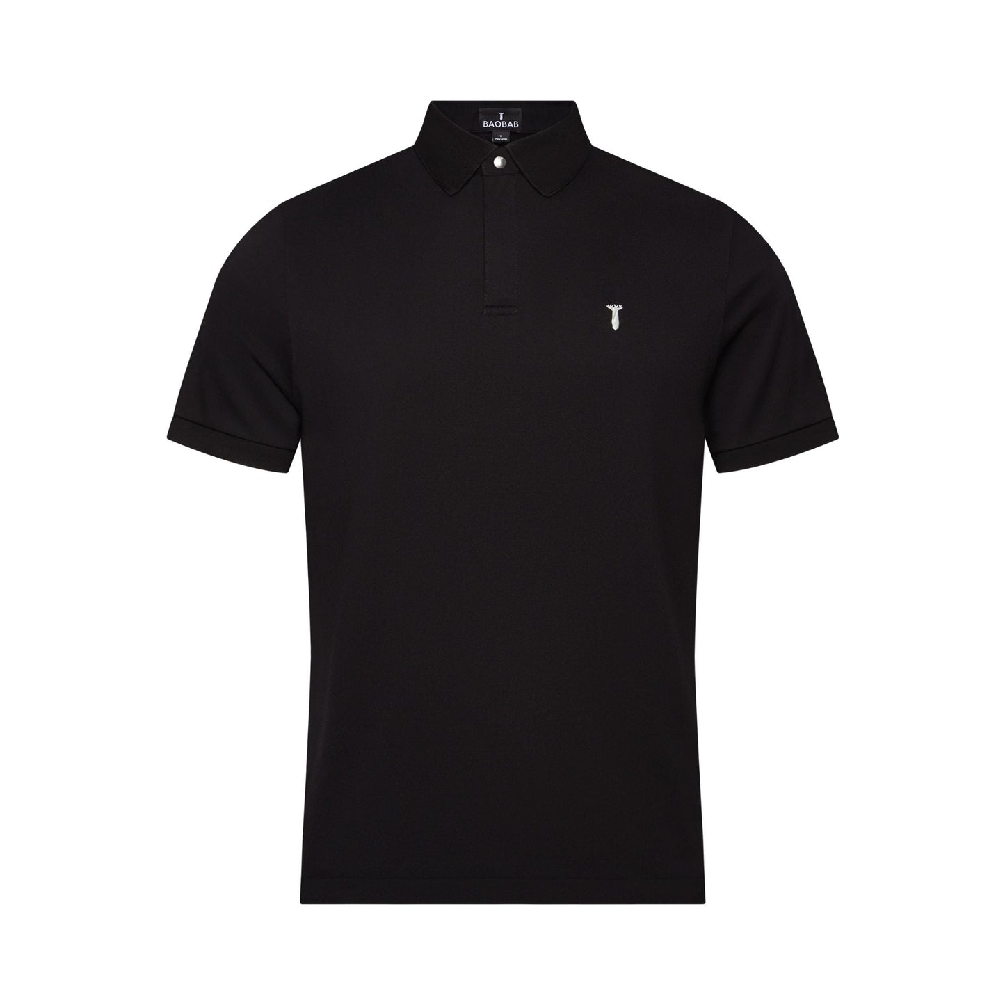 Short Sleeve Perfect Polo in black with StaySharp Collar and tailored fit, featuring hidden microfiber cloth for practical use.