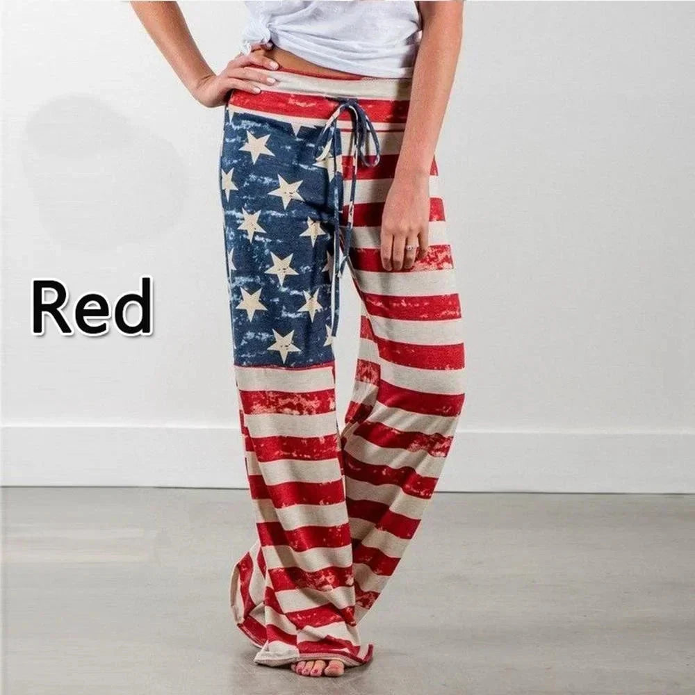 Plus Size Wide-Leg Drawstring Lounge Pants Casual Comfort with American flag design.