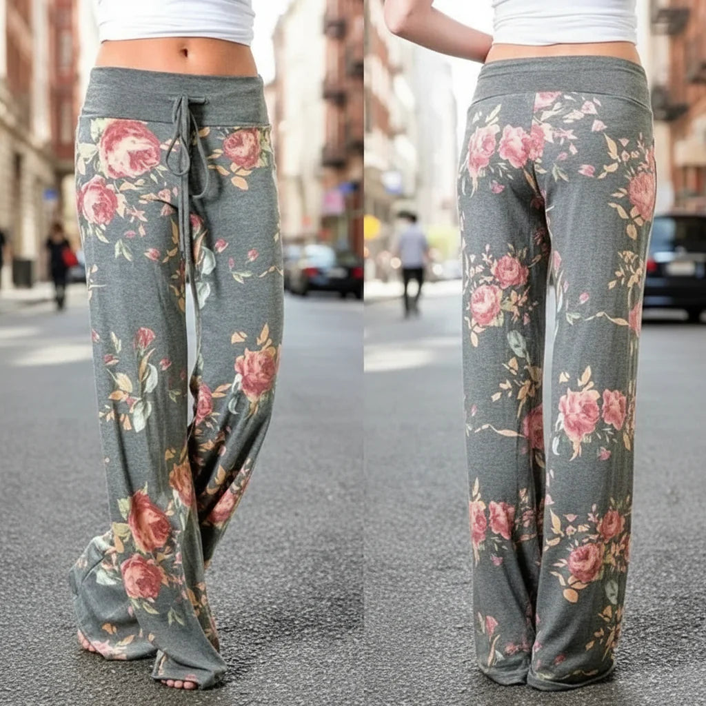 Plus Size Wide-Leg Drawstring Lounge Pants Casual Comfort with floral pattern on city street
