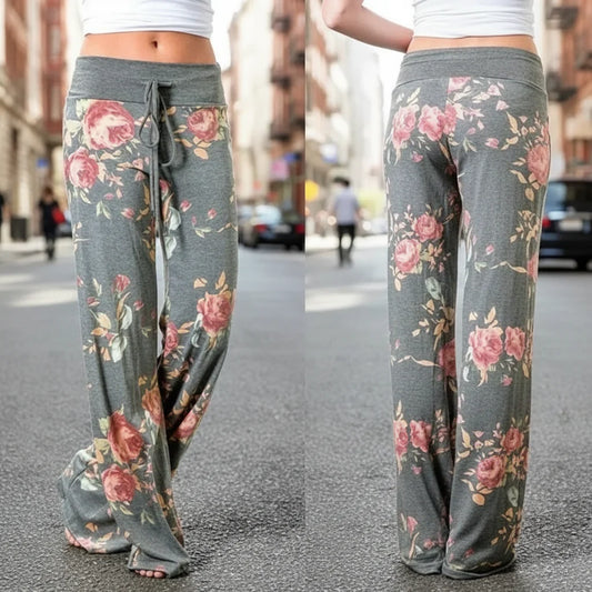 Plus Size Wide-Leg Drawstring Lounge Pants Casual Comfort with floral pattern on city street