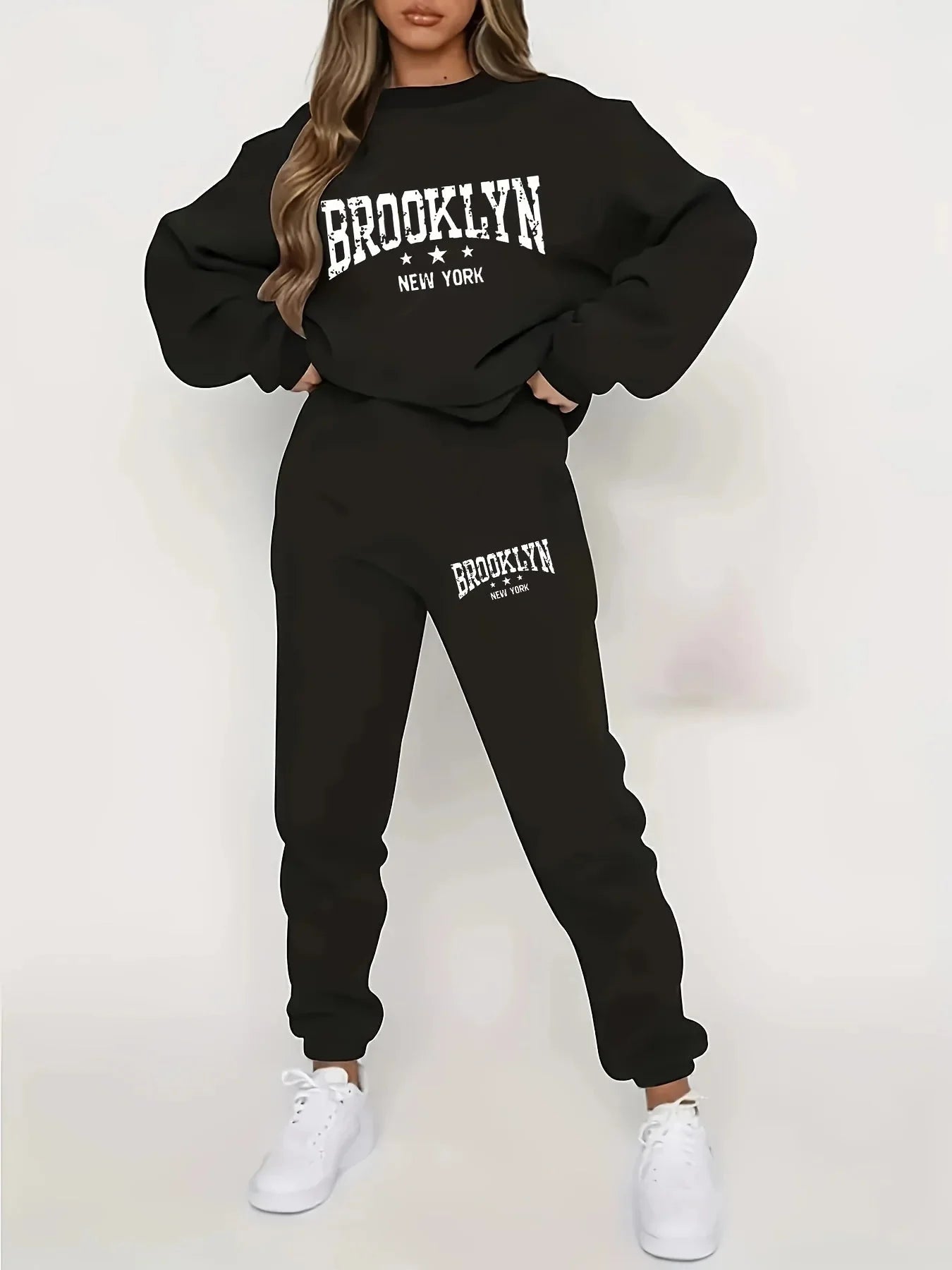 Women’s Plush Hoodie & Pants Sweater Set – Cozy Winter Tracksuit featuring Brooklyn New York design in black with sneakers.