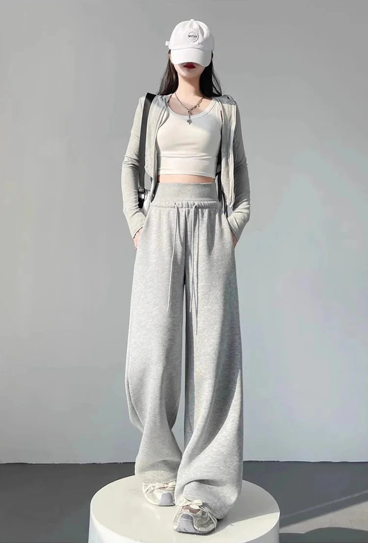 Gray High-Waist Loose Wide-Leg Straight Pants Women styled with casual top and sneakers.