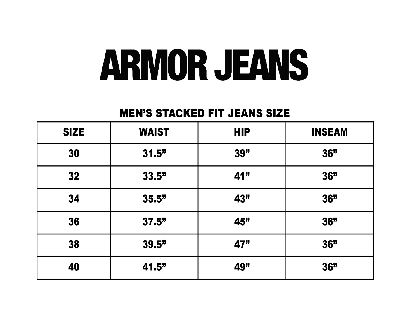 Armor Jeans men's stacked fit jeans size chart showing waist, hip, and inseam measurements for sizes 30 to 40.