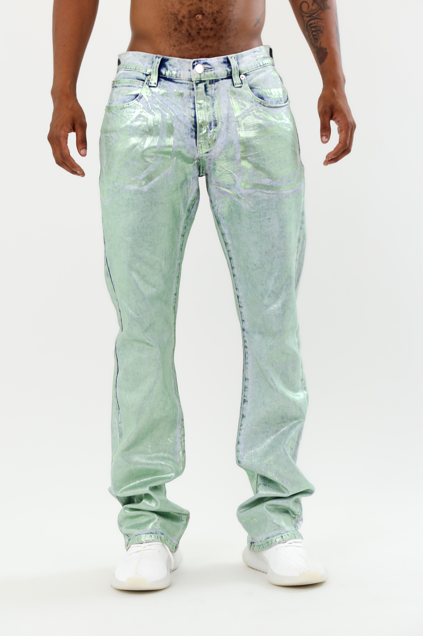 ASJ08 FOIL WASH STACKED JEANS with mid rise, stretchy fabric, and foil wash design, featuring five-pocket style and zipper fly.