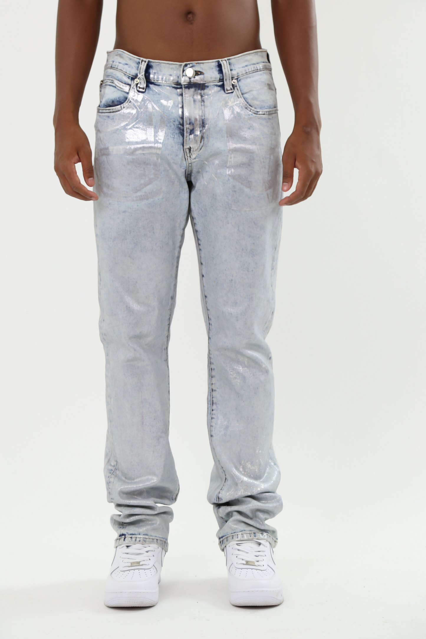 ASJ08 FOIL WASH STACKED JEANS with mid-rise waist and stretchy fabric, featuring a five-pocket design and a foil wash finish