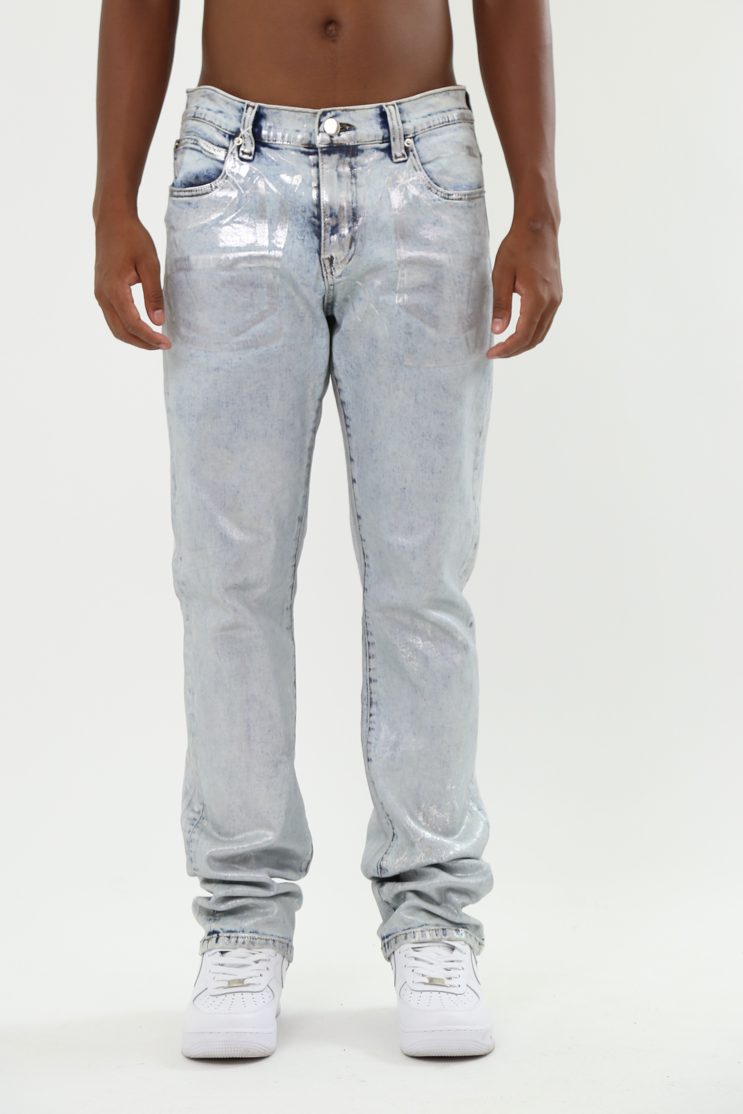 ASJ08 FOIL WASH STACKED JEANS with mid-rise waist and stretchy fabric, featuring a five-pocket design and a foil wash finish
