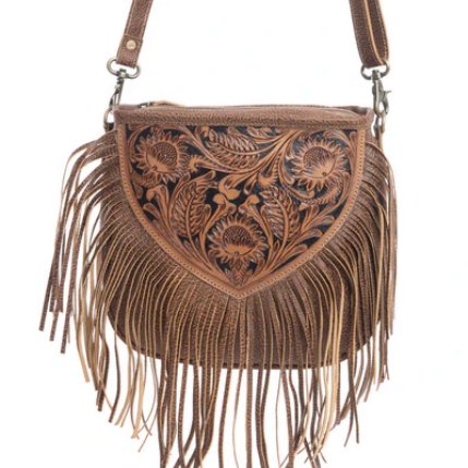 Hand tooled Fringe Bag with detailed leather panel and matching fringe showcasing Western charm and craftsmanship.