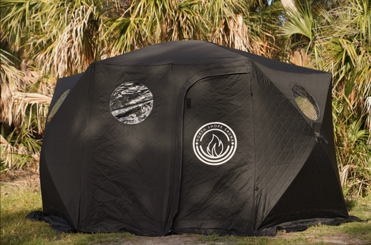 Dome Sauna Tent (8-person; tent only) set up outdoors, showcasing its large size and dual chimney ports for cold weather use.