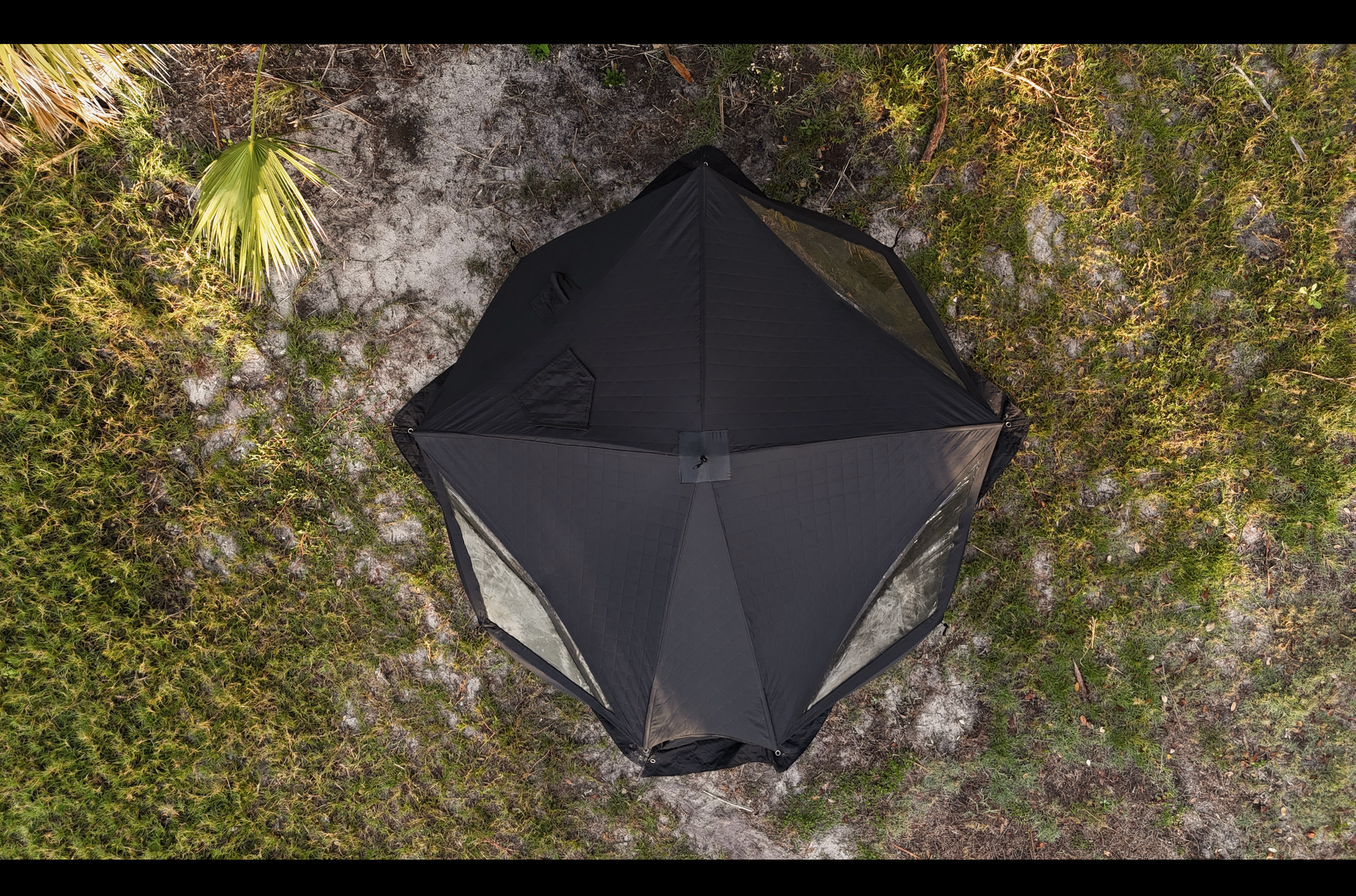 Top view of Nova 6 Sauna Tent (6-person; tent only) set up outdoors on grass