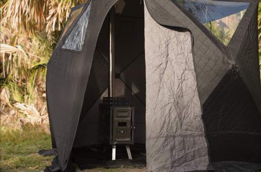 Nova 4 Sauna Tent Starter Package (4-person) with wood burning stove in outdoor setting