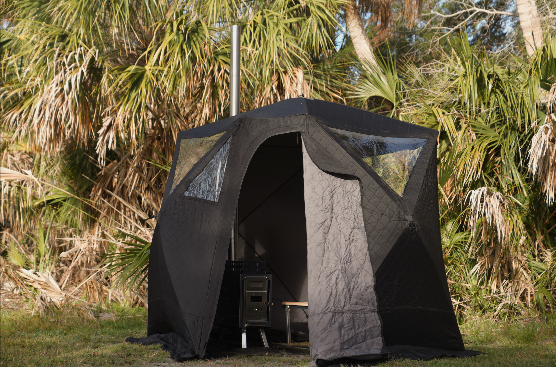 Nova 4 Sauna Tent Elite Experience Package (4-person) set up in a scenic outdoor location.