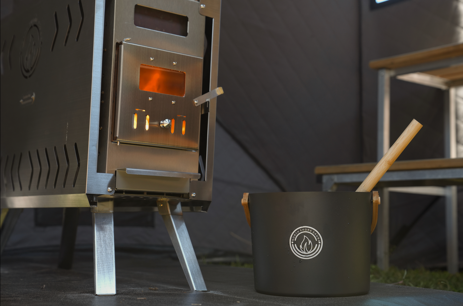 Dome Sauna Tent Elite Experience Package (8-person) stove setup with water bucket and ladle for ultimate sauna experience