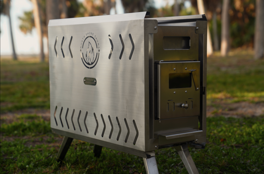 Sauna Tent Wood Stove | Portable | Brushed Stainless steel outdoor setup