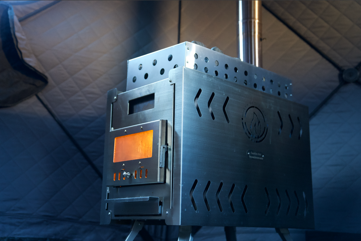 Stainless-steel Sauna Tent Wood Stove XL with durable construction and rock basket for even heat and relaxation.