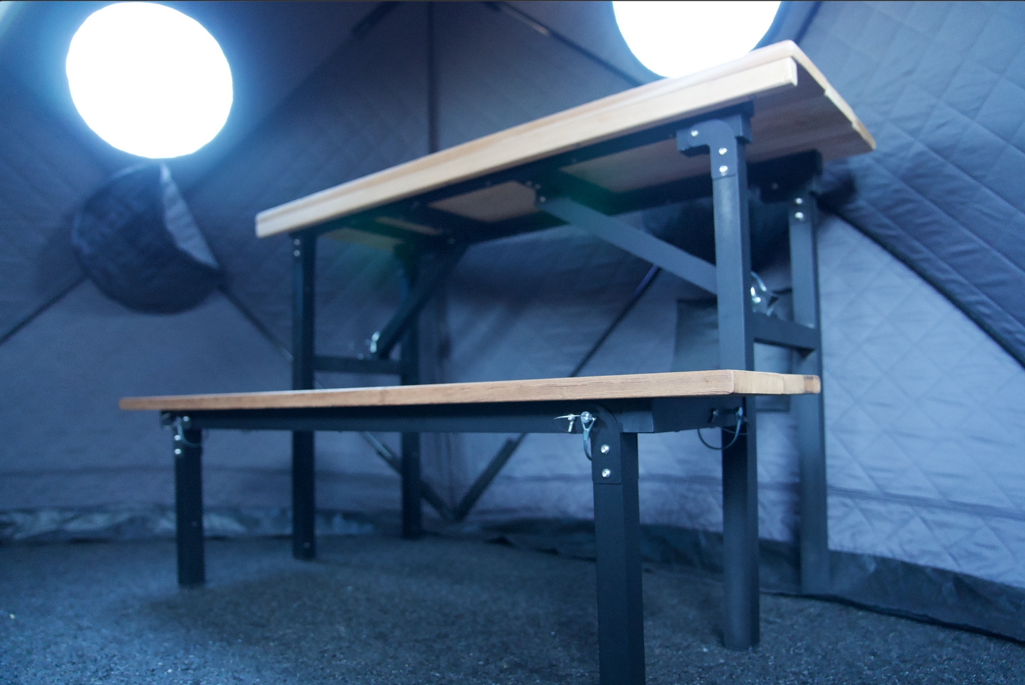 Portable Sauna Bench in a folding design inside a tent, showcasing its sturdy and durable construction for elevated sauna experience.