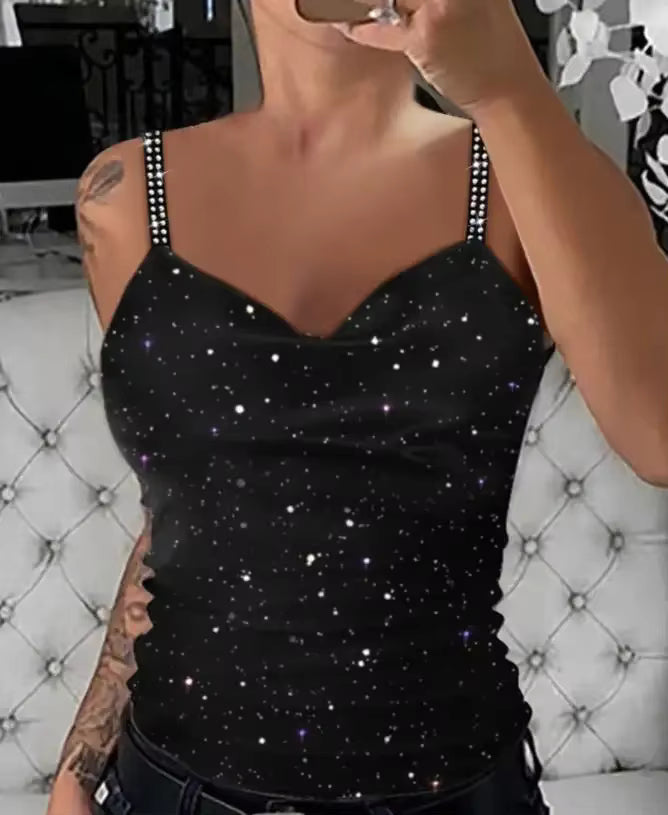 Sequin V-Neck Camisole – Rhinestone Strap Sparkly Top