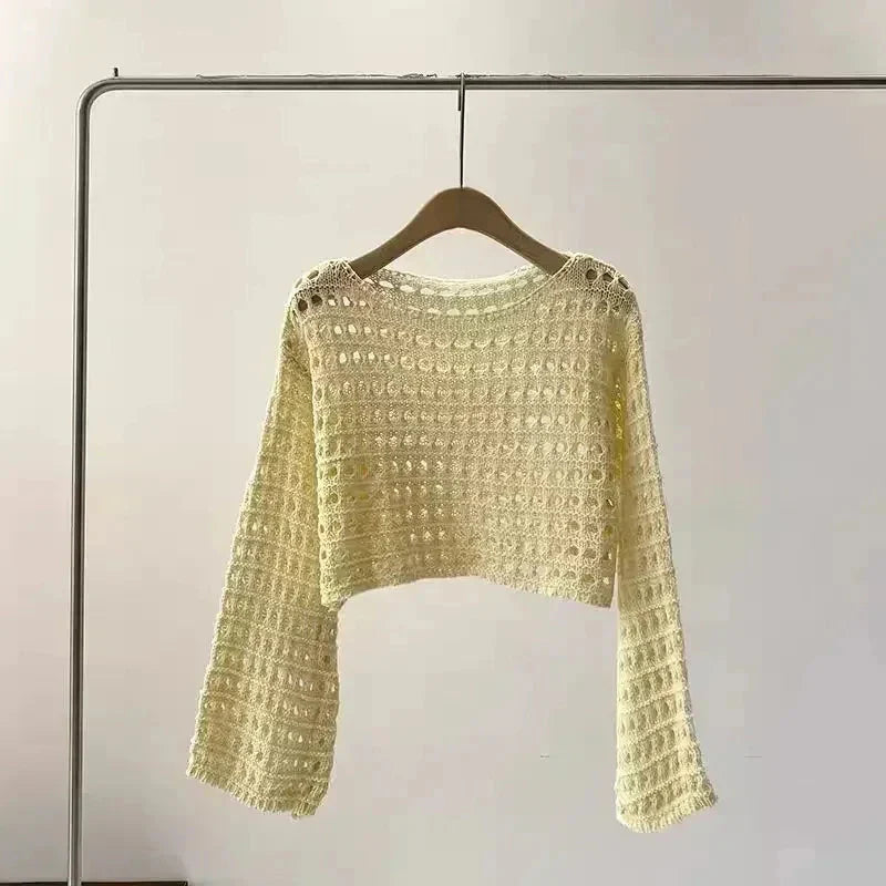 Women’s crochet knit beach cover up in yellow, long sleeve boho chic summer pullover, perfect for festivals or casual outings.